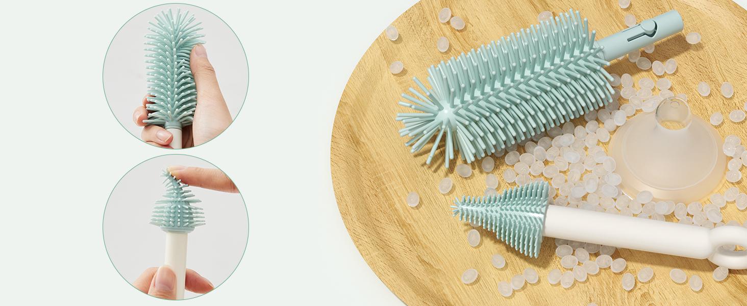Momcozy Bottle Brush Kit, Innovative Push-Press Design for Better Cleaning - Baby Bottle Cleaner Brush for Baby Bottle, Breast Pumps, Nipples, and More - Can Generate Foam for Better Cleaning, Green