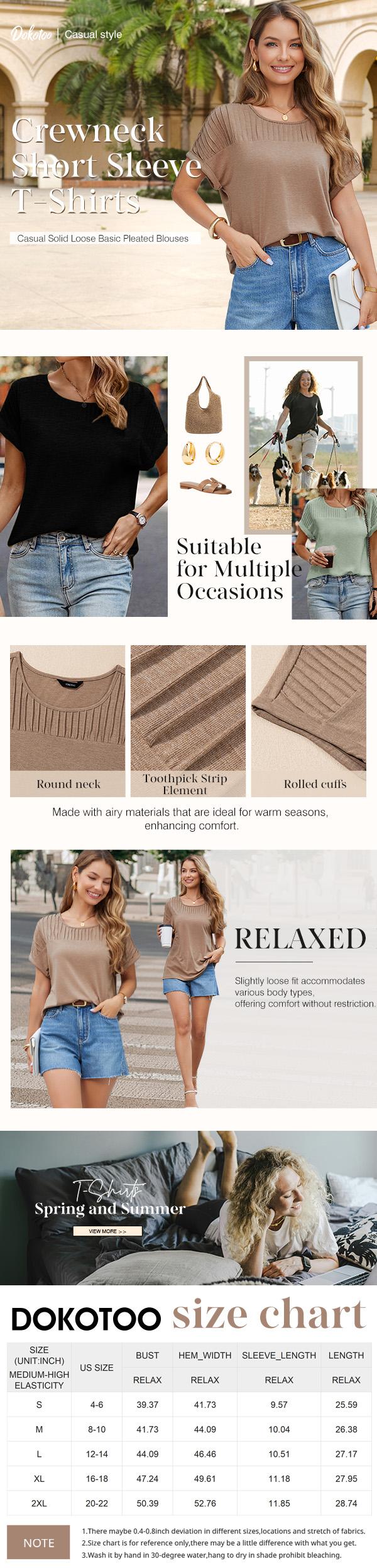 Dokotoo Womens Tops Trendy Crewneck Short Sleeve Summer T Shirts Casual Solid Loose Basic Pleated Blouses