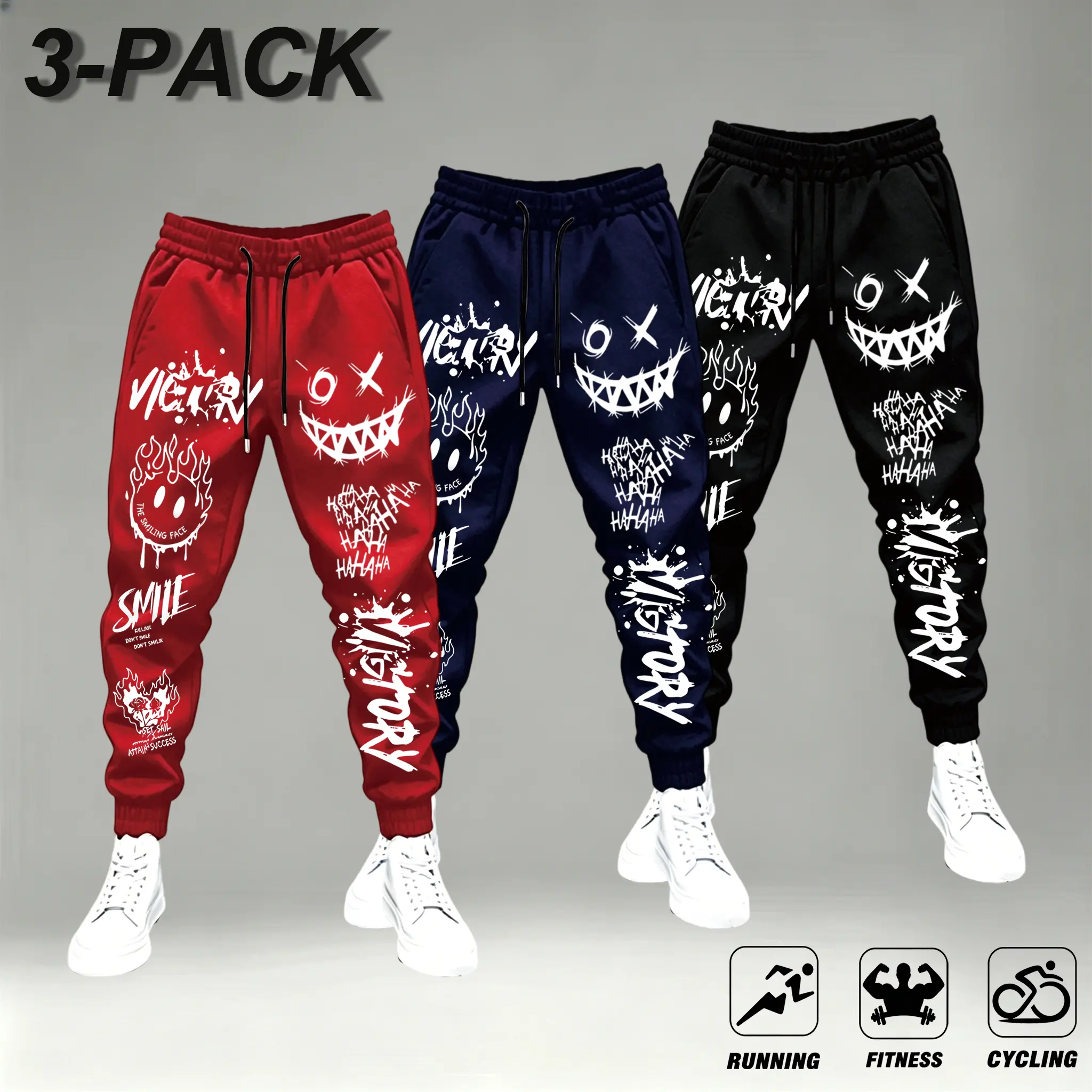 Men's Unisex Knit Jogger Pants 3-Pack - Elastic Waist, Tapered Sweatpants - Running, Skating Use - Dark Evil Smile Graffiti, Spray Paint Drip, Flame Melting Face Prints - Comfortable, Stylish - Red, Navy, Black