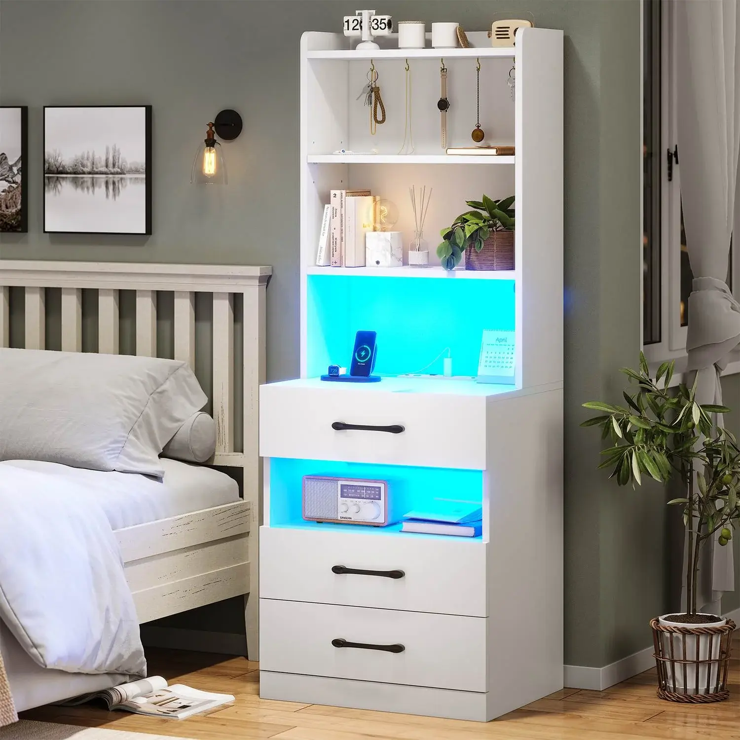 SIKAIC LED Tall Grey Nightstand with Charging Station, Drawers, Bookshelf, Open Storage, LED Lights for Bedroom, Living Room Indoor Furniture Decor,dorm essentials,home decor