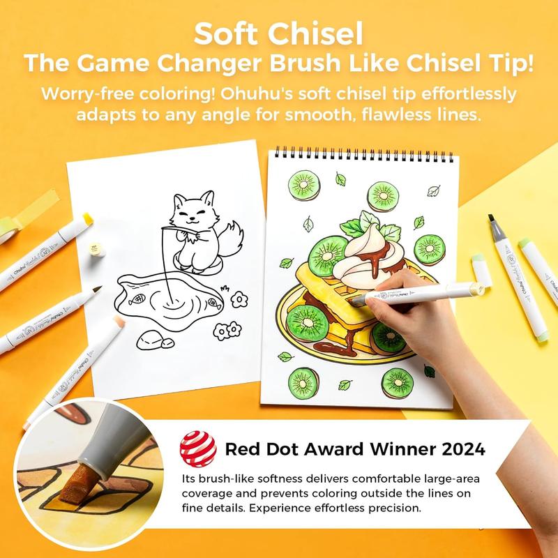 Ohuhu Soft Chisel Alcohol Markers Red Dot Design Award Winner Brush & Soft Chisel Dual Tips Drawing Markers for Artist Beginner Adult Coloring Illustration Sketching -Honolulu S - 24 skin-tone / 48 basic tone / 60 Illustration-color