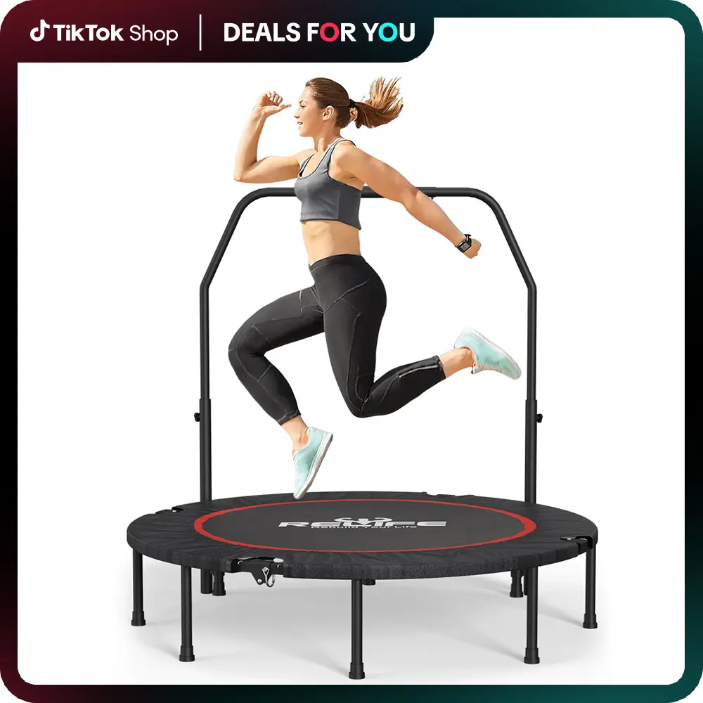 48-Inch Stainless Steel Exercise Trampoline, Home Workout Equipment with 5-Level Adjustable Handle, Oxford Safety Pad, Waterproof Mat, 440 Lbs Capacity for Trampoline Workout, Jump Training & Home Use, Workout From Home tiktokshopbacktoschool