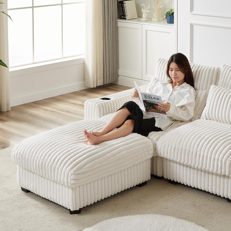 【3 packages delivery】Niccae L-Shaped Corduroy Sofa with USB Port & Cup Holder, Movable Footrest, 4 Back & Waist Pillows, Large Sectional for Living Room, Home Office & Apartment, Solid Wood Frame