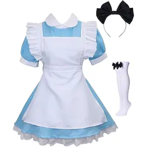 Adult Anime Cosplay Outfit Women Blue Maid Costume Apron 4 Pcs Halloween Lolita Maid Dress Set