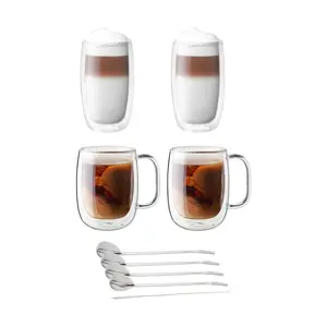 ZWILLING 9-Piece Glass Coffee Mug Set with Handles, Double Wall Glasses, Spoons & Straws - 350ml & 355ml Gift Box
