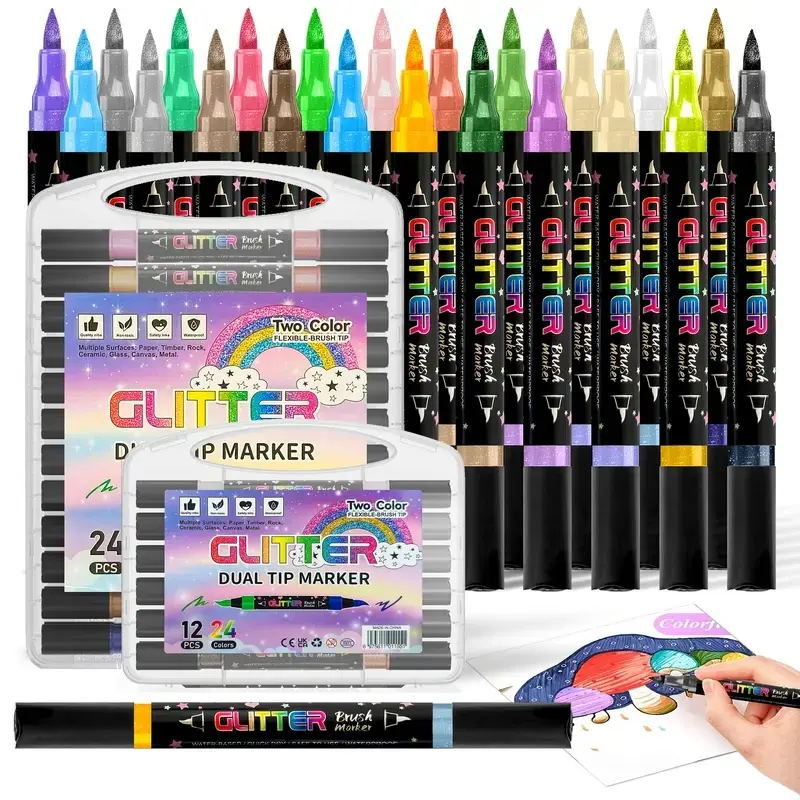 24-Pcs Glitter Dual-Tip Markers - Unisex Coloring Supplies, Drawing Tools, DIY Gift Set for Artists & Crafters, Festive Party Essentials