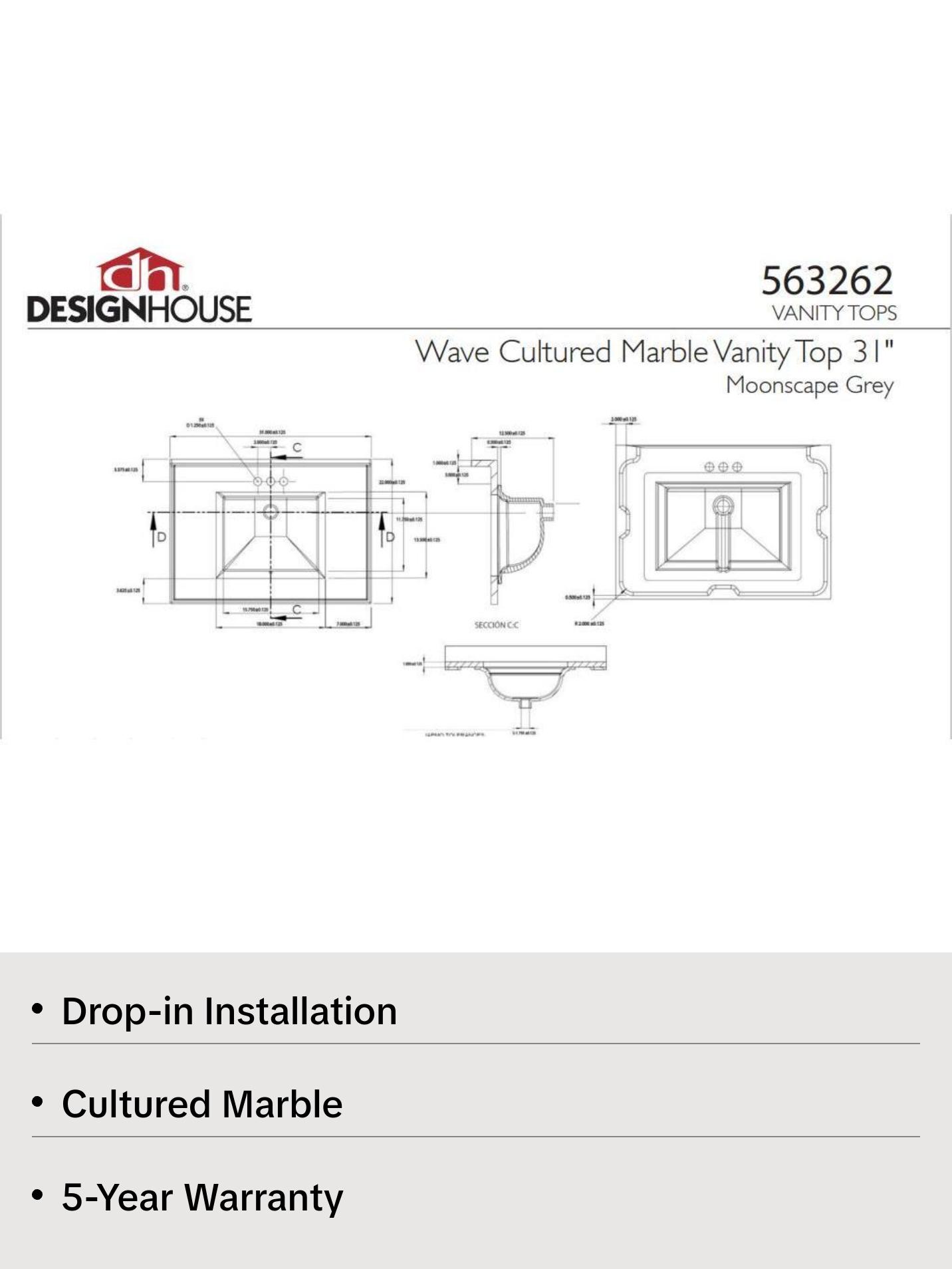 New Moonscape Grey 31 x 22 in. 3-Hole 1-Bowl Cultured Marble for GVA2421RGO Vanity by Design House