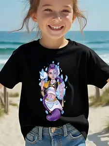 Cute Cartoon Character Graphic Tee - Adorable Black Cotton T-Shirt Featuring a Girl with Purple Hair in a Yellow and White Outfit, Surrounded by Ice Crystal Designs - Perfect Casual Wear for Young Girls - Lightweight, Comfortable, and Ideal for Beach Days