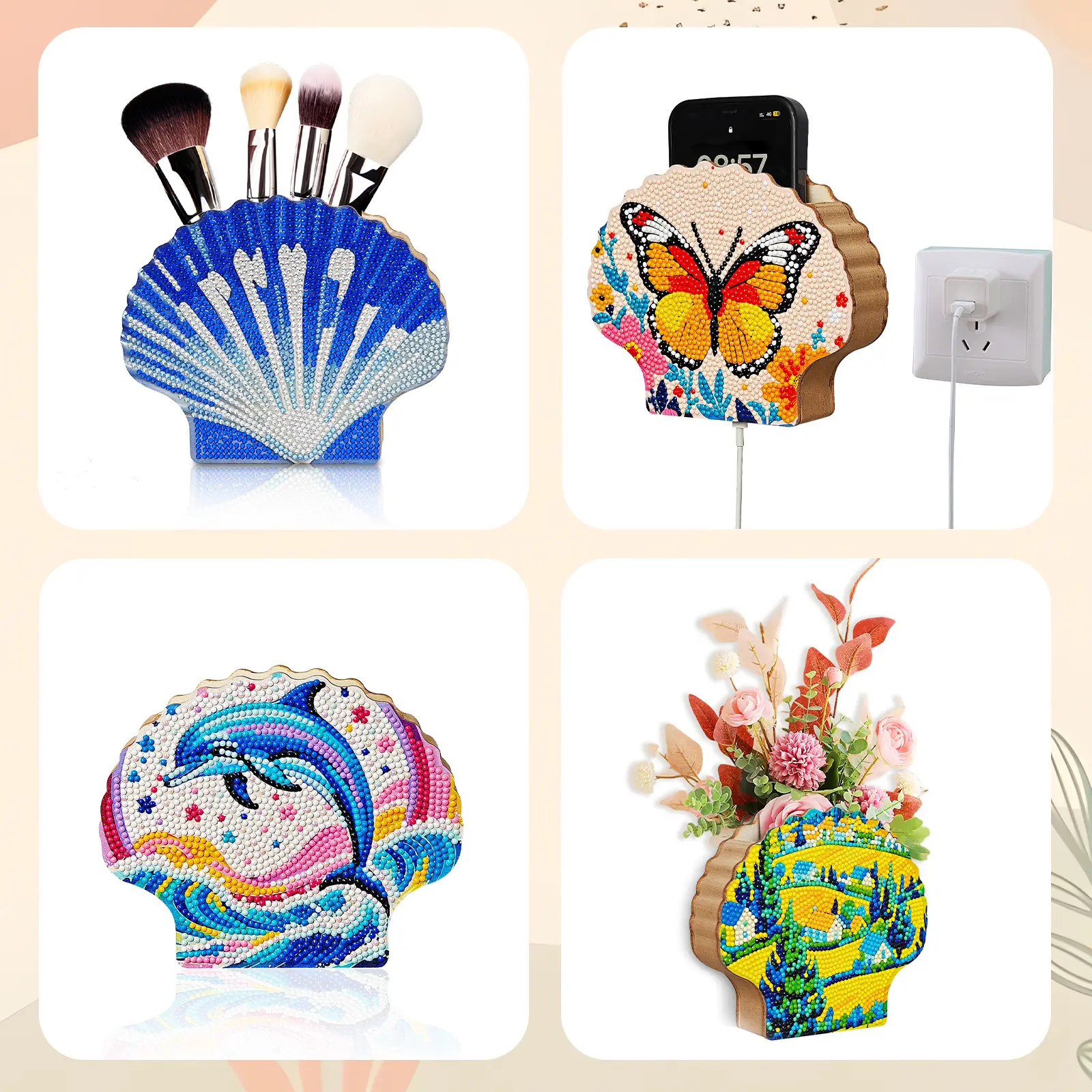 DIY Diamond Painting Storage Organizer - 2-in-1 Phone Charging Stand, Elegant Pocketed Flower Design, Handcraft Accessory with Diamond Adhesive, Desk Decor for Adults, Satisfying Sense of Accomplishment Gift for DIY Enthusiasts, Therapeutic