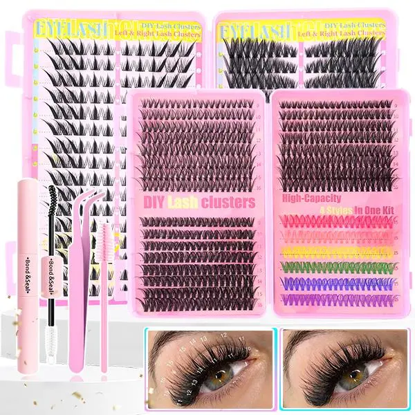 Cluster Lashes Kit for Beginners, DIY Lash Extensions Kit - Mixed Styles 30D,40D,50D D Curl False Eyelashes & Adhesives, Colored, Cat Eye, Natural Wet Look, Thick, Volumizing, Reusable, Eyelash Clusters Kit