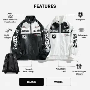 Retro racing jacket biker jacket Y2K windproof riding wear black and white colorblock contrast + racing-style print + matte PU leather fabric + reinforced stitching abrasion resistant and wrinkle resistant can be worn alone or layered for a stylish look.
