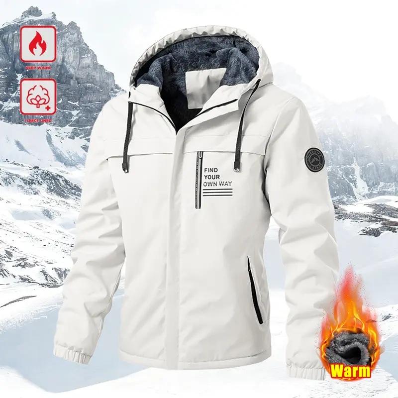 Men's Fitted Hooded Long-Sleeve Fleece-Lined Windproof Waterproof Down Jacket - Pull-On Multi-Function M Coat for Casual Wear, Sports, Machine Washable (Dry Clean Compatible)