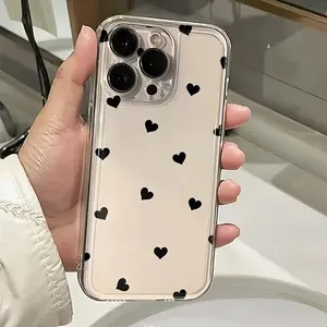 Cute Black Heart Clear Phone Case Aesthetic Transparent Shockproof Protective Cover Minimal Girly Style for iPhone