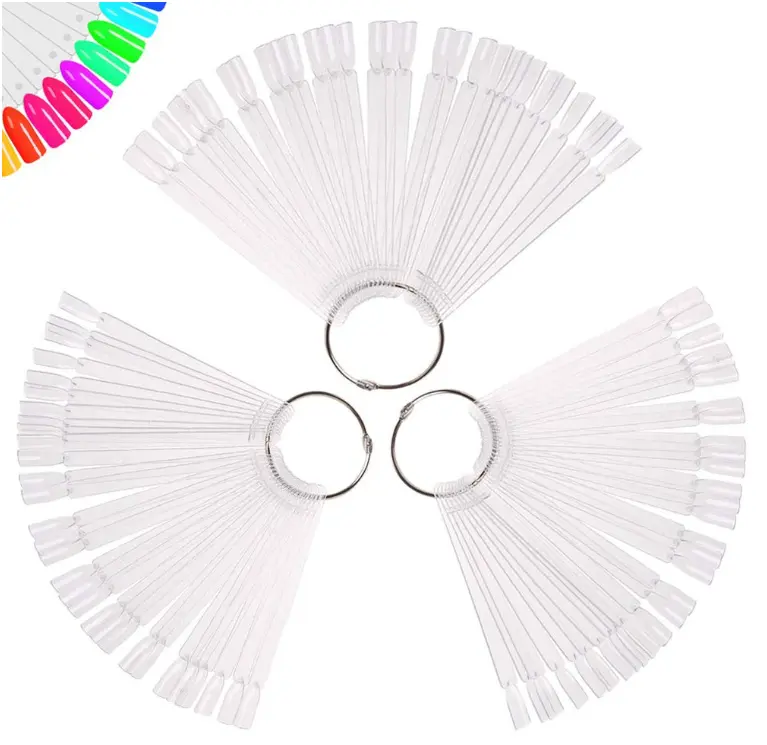 150 Pcs Clear Nail Swatch Sticks with Ring, Fan Shape Nail Art Polish Display Tips, False Nail Sample Sticks, Nail Practice Color Display, Transparent Polish Board for Nails