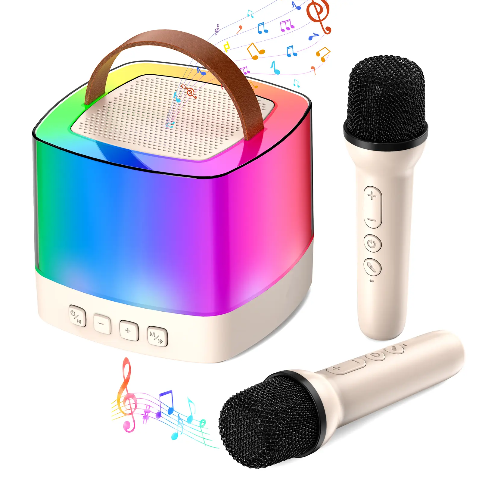 Mini Karaoke Machine for Teens & Adults, 2 Wireless Mics, LED Lights, Rechargeable Built-in Li-ion Batteries, Multifunction Portable Bluetooth Speaker, Valentine's Day Party Gift for Ages 8+