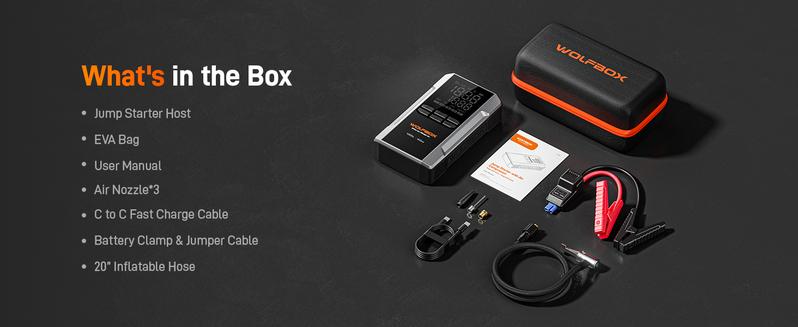 WOLFBOX 4000A Jump Starter with 160PSI Air Compressor, 12V Car Battery Booster, 65W Fast Charge, 88.8Wh Portable Tire Inflator, LED Display for 10L Gas & 10L Diesel Engines, LED Light, Jumper Cables