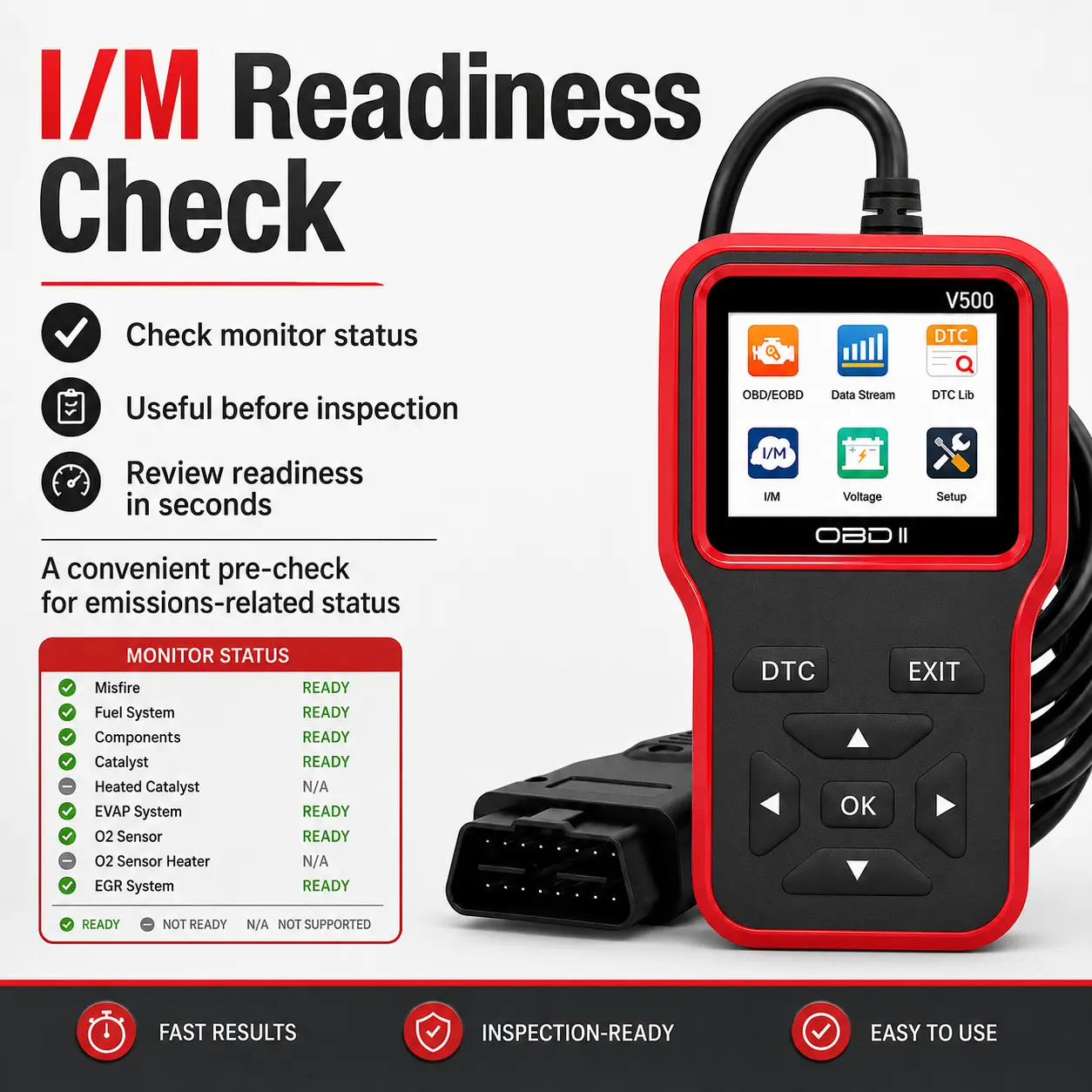 V500 OBD2 Scanner Code Reader for Mechanics, Universal Fit Car Engine Fault Diagnostic Tool with Live Data, DTC Lookup, I/M Readiness, Battery Voltage Check, Plug & Play via OBDII Port for Vehicle Maintenance