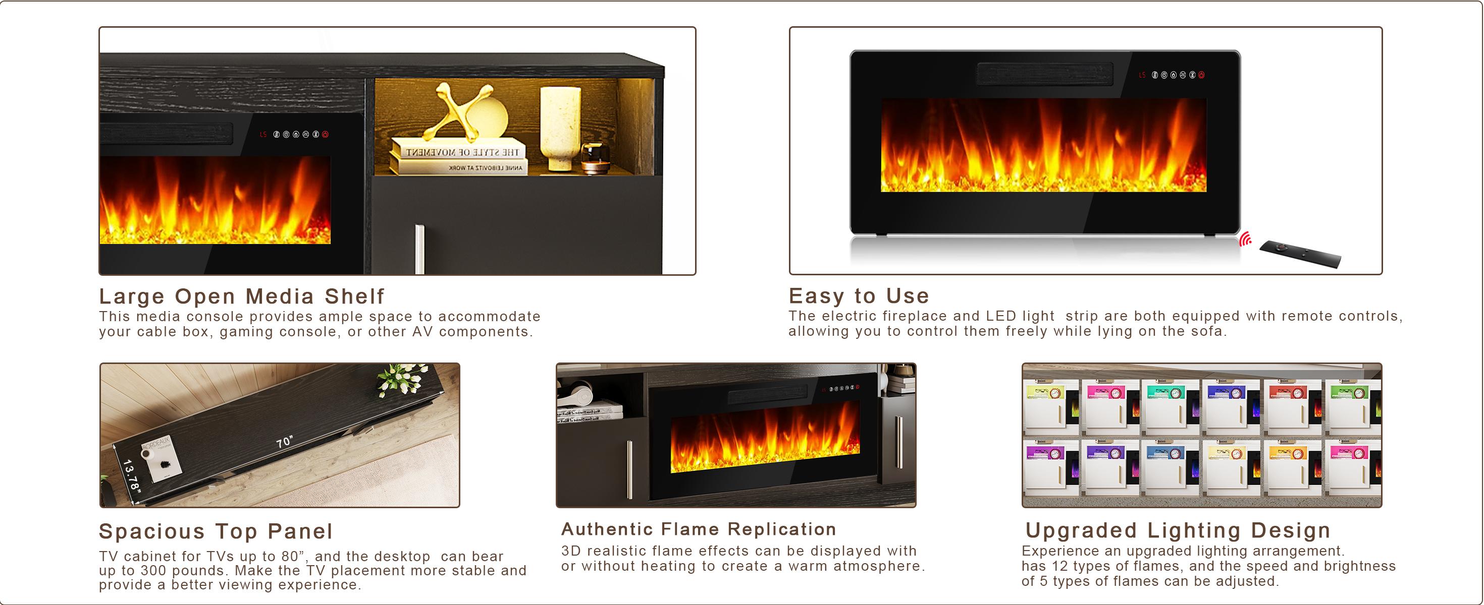 【2 Packages Shipping】Fireplace TV Stand Entertainment Center with Fireplace, Wooden TV Stand for TVs Up to 80",Media TV Console with High Gloss Storage Cabinet and 16 Colors LED Lights