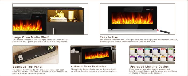【2 Packages Shipping】Fireplace TV Stand Entertainment Center with Fireplace, Wooden TV Stand for TVs Up to 80",Media TV Console with High Gloss Storage Cabinet and 16 Colors LED Lights