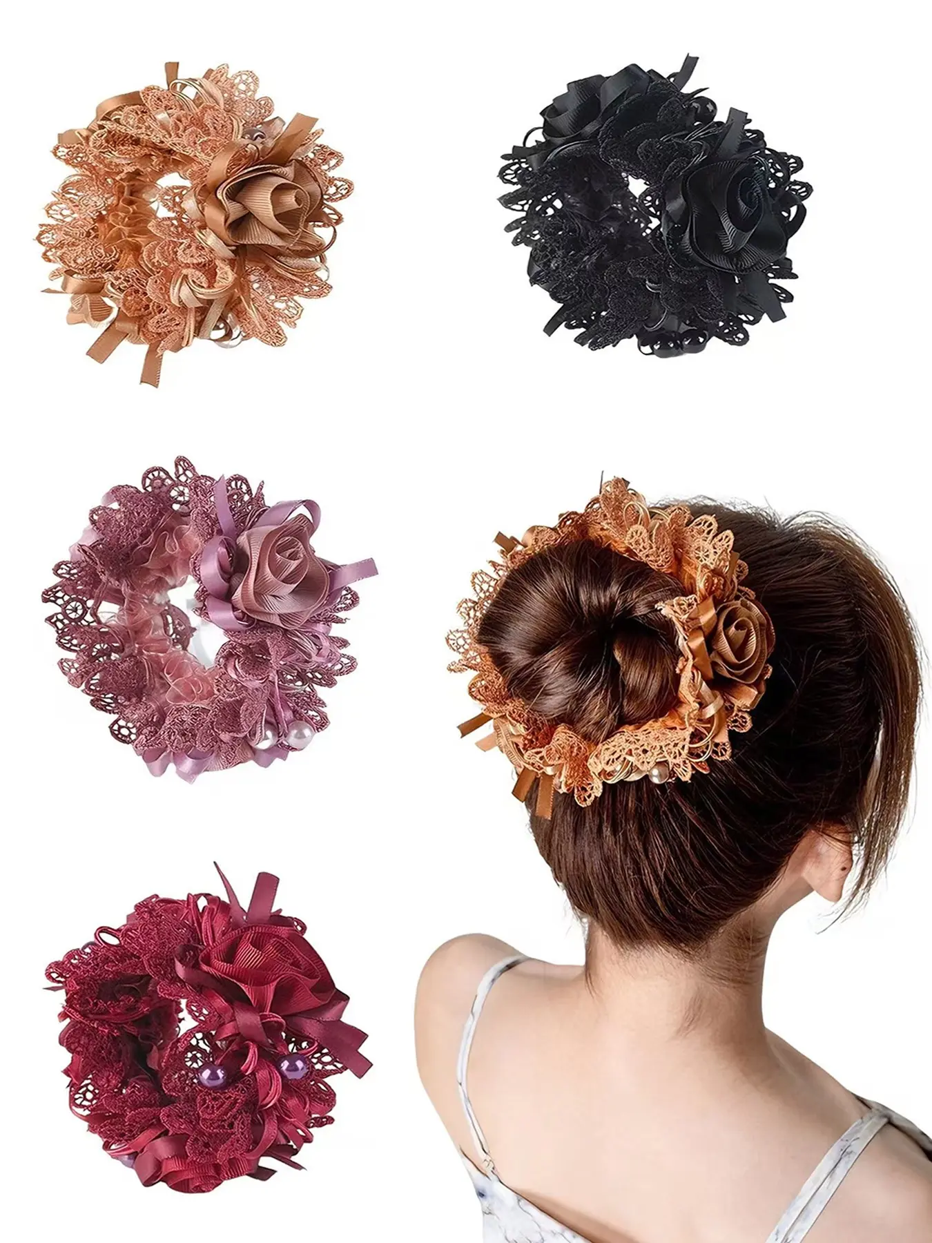 4pcs Soft Lace Scrunchies for Hair, 3 Inch Big Elastic Hair Ties, Rose and Pearl Silky Scrunchie for Women, Stylish Summer Hair Accessories, Floral Hairbands, Elastic Hair Accessory, Fashionable Hair Accessories