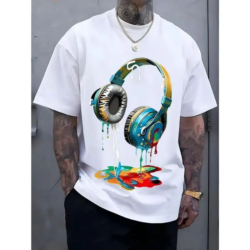 Men's Navy Blue 180g Thick Cotton Streetwear Short-Sleeve Round Neck T-Shirt - Vibrant Ink Headphone Print, Casual Grunge, Fitted, Machine Washable, Durable, Handcrafted in USA, Basics, 2 Scenarios (Casual, Sports), Childrens Day Pick