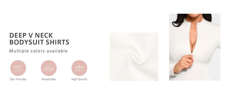 FeelinGirl Long Sleeve Bodysuit for Women Mock Turtle Neck Body Suits Zip Up Design Black Tummy Control Bodysuit Shirts Womenswear Collar Elegant Nylon Comfort