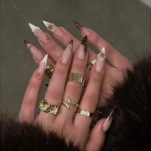 Elegant 3D Flower Leopard Print French Tip Long Stiletto Press On Nails | White V-Cut Elegant Fake Nails | Minimalist Luxury Nail Art