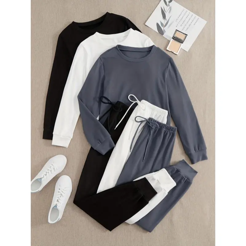 3 Sets of Cozy Women's Solid Casual Lounge Sets - Long Sleeve Round Neck Tops & Jogger Pants for Fall - Comfortable Relaxed Fit, Soft Fabric, and Versatile Style Loungewear Pajama Polyester Nightwear Winter Womenswear