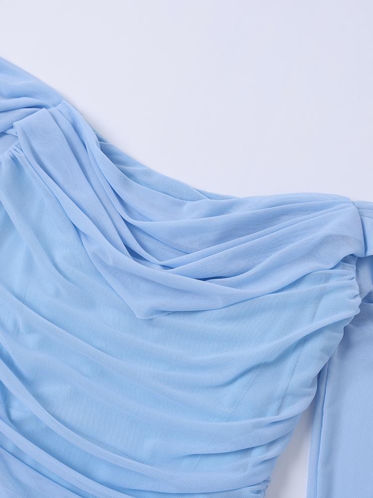 Off-neck Backless Bell Sleeve Ruched Bodycon Mesh Dress，Elegant Intellectual and Fashionable Party Dress