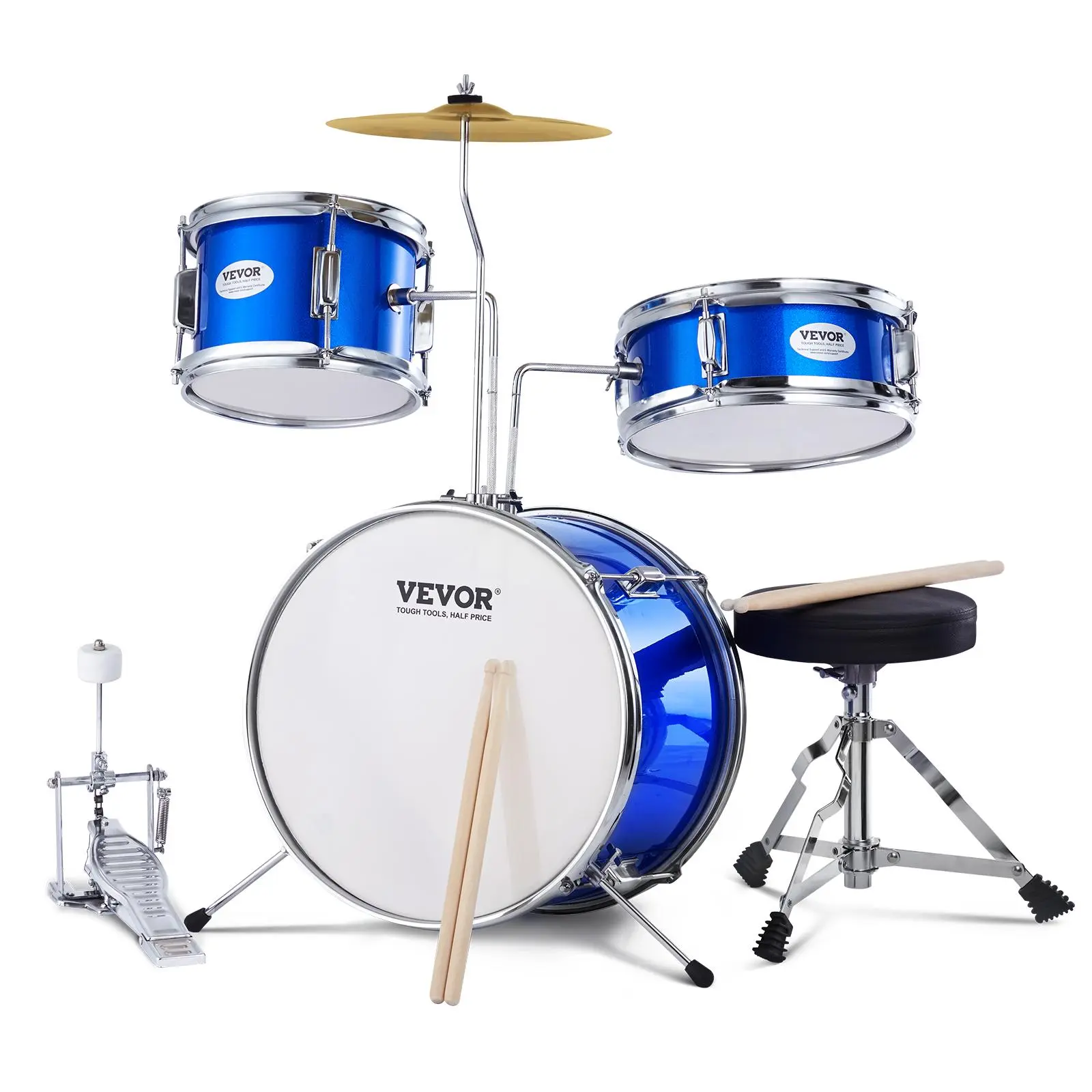 【Summerfinds】VEVOR Kids Drum Set,  3-Piece, 14 in Beginner Drum Set with Adjustable Throne Cymbal Pedal Two Pairs of Drumsticks, 8'' Tom Drum 10'' Snare Drum 14'' Bass Drum, Starter Drum Kit for Child Kids, Blue
