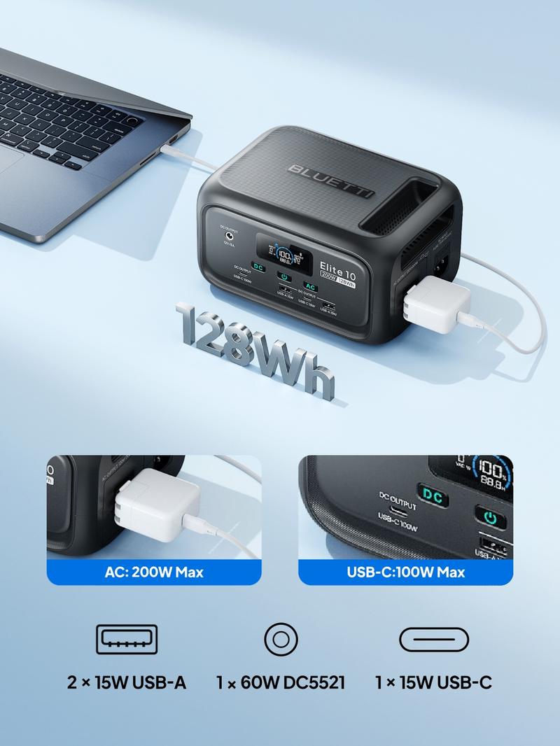 BLUETTI Elite 10 Portable Power Station 128Wh, 3.8 lbs Palm-Sized, Airline-Approved for Travel, Camping & Emergencies