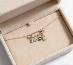 Lucky Protection Amulet Choker: Golden Plated Evil Eye Hamsa Hand with Rhinestone Safety Pin, Fashion Boho Necklace for Women