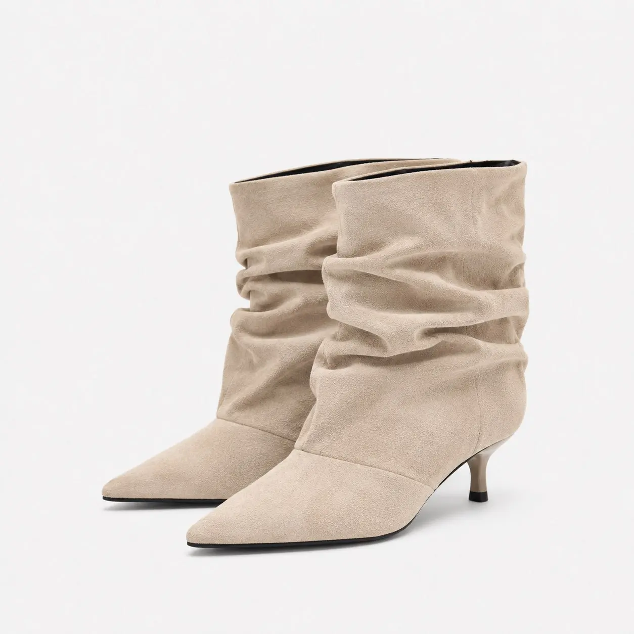 Women's Slouchy Ankle Booties Pointed Toe Kitten Heel Faux Suede Ruched Low Heel Boots Slip On Casual Dress Shoes Fall Winter Office Work Date Night Trendy