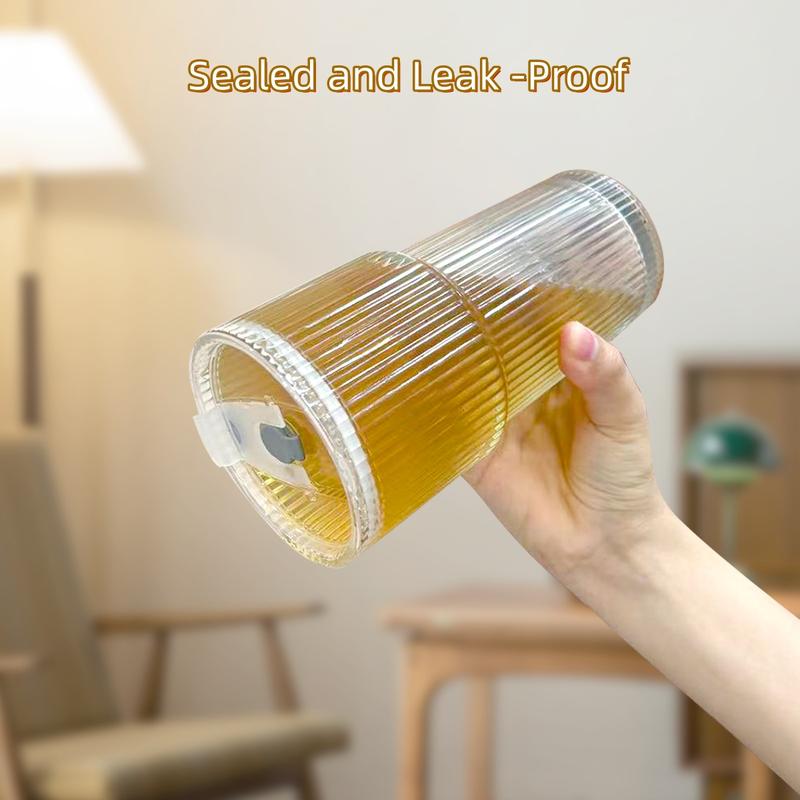 Ribbed Glass Cups with Lids & Straws, Set of 2 Thick Glass Tumblers for Iced Coffee, Smoothies, Juice & Cocktails