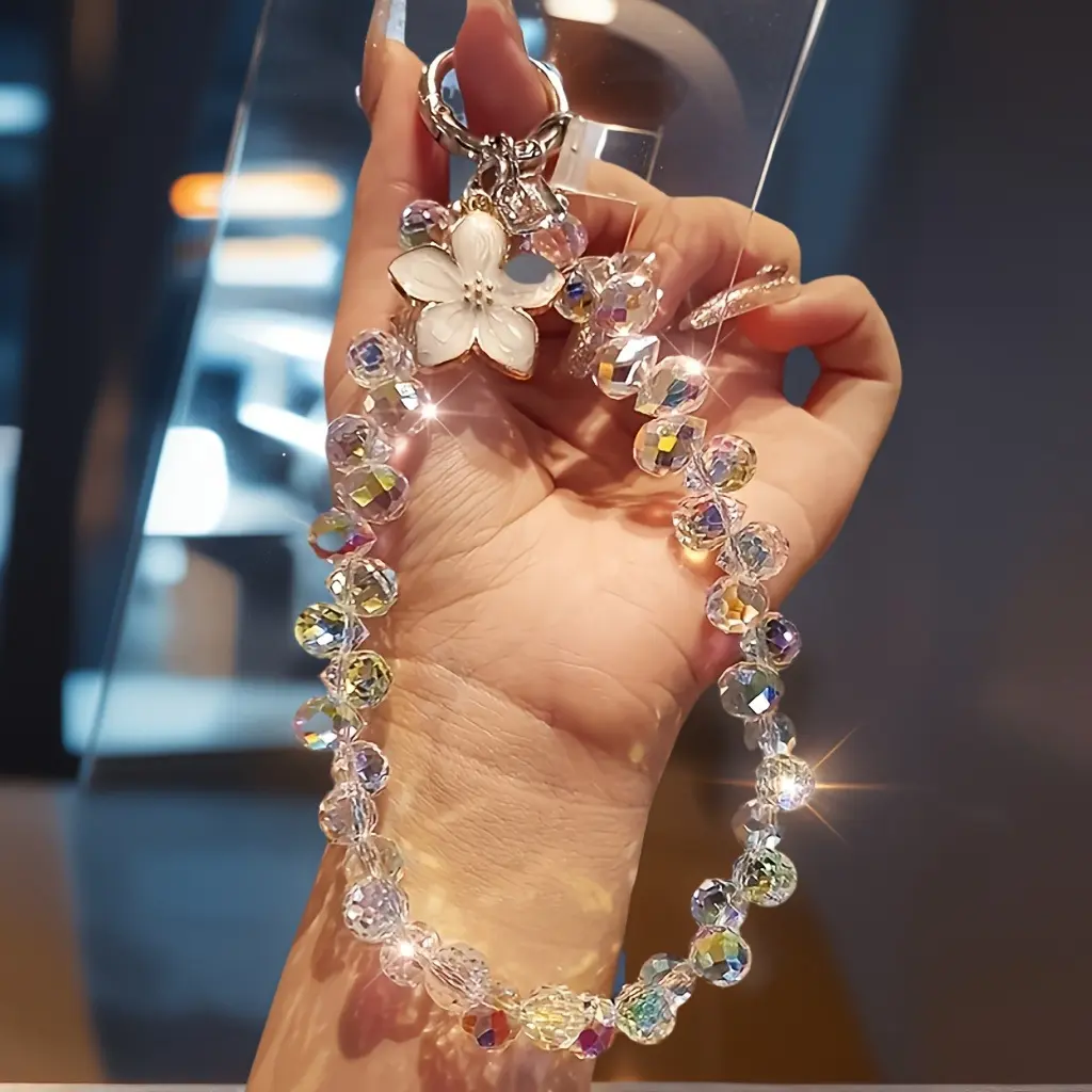 Female Shiny Droplet Beads Look Luxe Crystal Beaded Mobile Phone Wrist Strap - Anti-Drop Compact Short Lanyard, Metal Card-Compatible Bling Keychain Wristlet, Traction Tag for Quick Setup Phone Accessories (Party Gift)