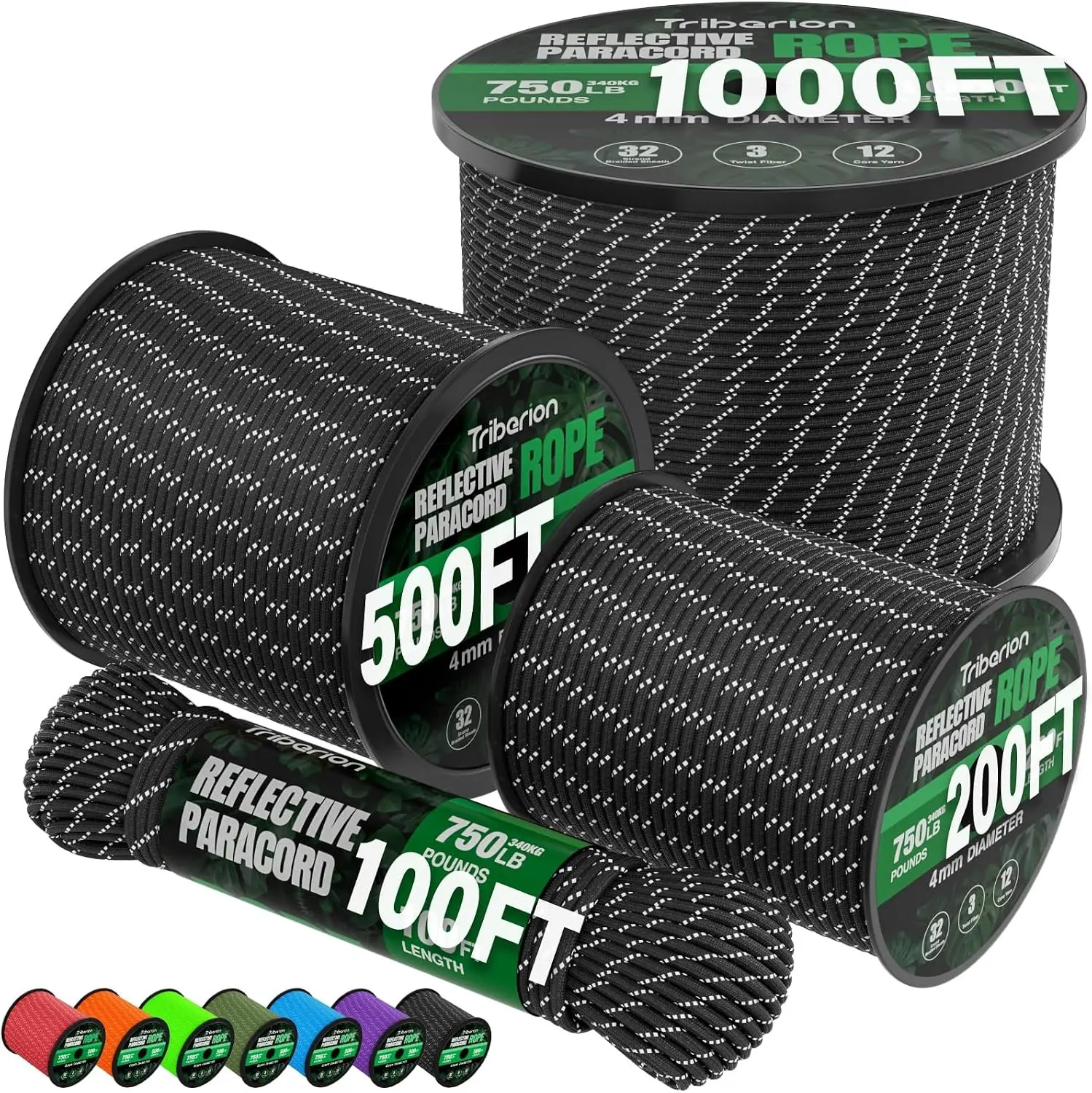 Reflective Paracord Rope 750 lb - 200ft 5/32" 4MM 12-Strand Parachute Cord - Heavy Duty Spool String for Survival, Camping Gear, Survival Bracelet, Clothesline - Black
