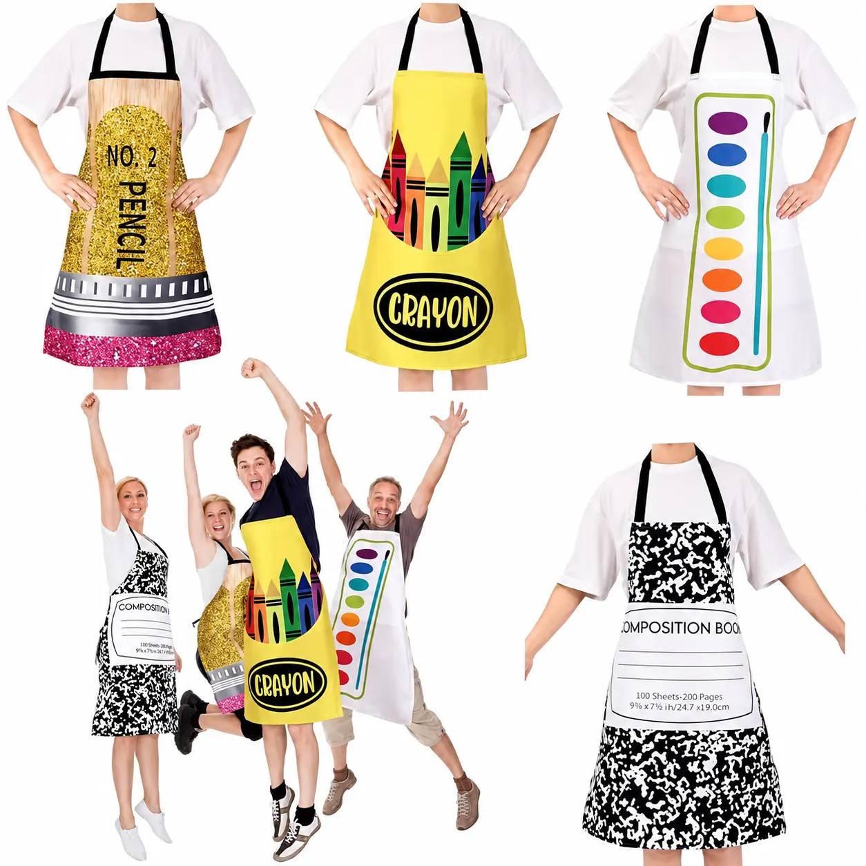 4/8/12-Pack Colorful Halloween Teacher Crayon Apron & Gnome Cone Hats Group Clothes, Costume for Parties, Cosplay Gear for Teachers & Colleagues School Contest Office Event