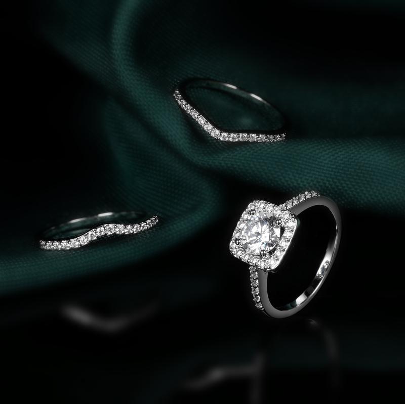 GEMSME 1.5 CT Round Cut Classic Three-in-One 3 Pieces Set Halo Wedding Engagement Promise Eternity Opal Ring for Women Mother Day Birthday Christmas Gift R-0969