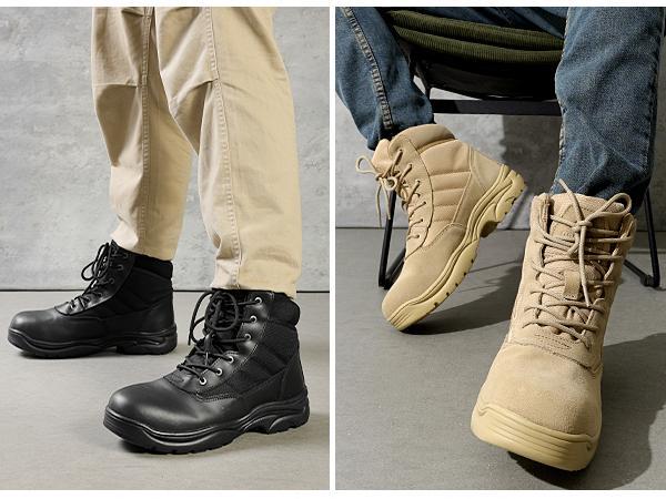 NORTIV 8 Men's Ankle Boots - Leather & Oxford Fabric Footwear, Closed Tactical Cuban Heel Shoes with Water-Resistance, Anti-Slip Sole, Arch Support, Comfortable Heels, Construction Worker Style, Built for Work, Camping, Riding Days