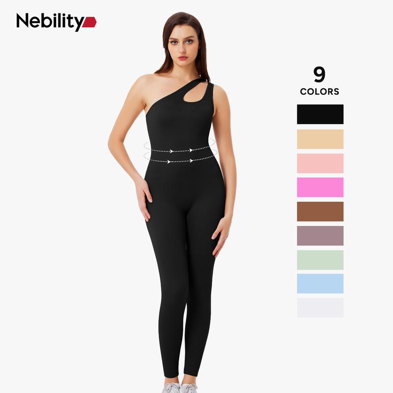 Nebility Women's Workout Seamless Yoga Ribbed Bodycon Jumpsuit Cut Out Asymmetric One Piece Leg Lengthening Tank Top Leggings Romper Stylish Activewear Stretchable All Season Solid Color Sports Jumpsuit