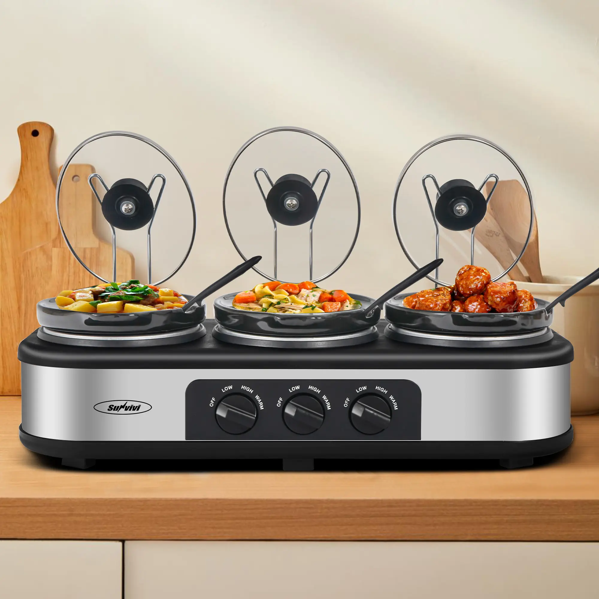 Sunvivi Triple Slow Heating Cooker Buffet Server & Warmer - 3 Pcs Round Stainless Steel Lid Rests, 3x1.5QT Removable Ceramic Pots (Total 4.5QT), 3 Adjustable Temp Settings, New Home Kitchen Electric Essential Appliance，one-touch operation，home essential