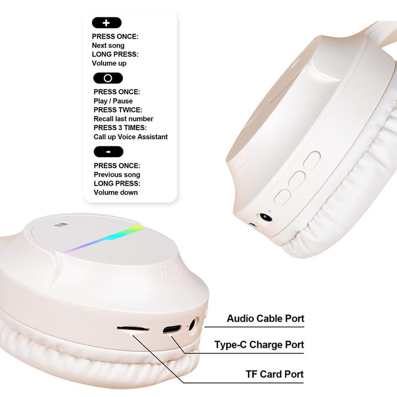 Bluetooth Headphones Over Ear, Colorful LED Lights Headphones Wireless, 65 Hours Playtime Wireless Headphones with Built-in Mic for iPad/Tablet/Airplane, Foldable Lightweight Headset with Deep Bass, HiFi Stereo Sound Low Latency for Travel Work Cellphone