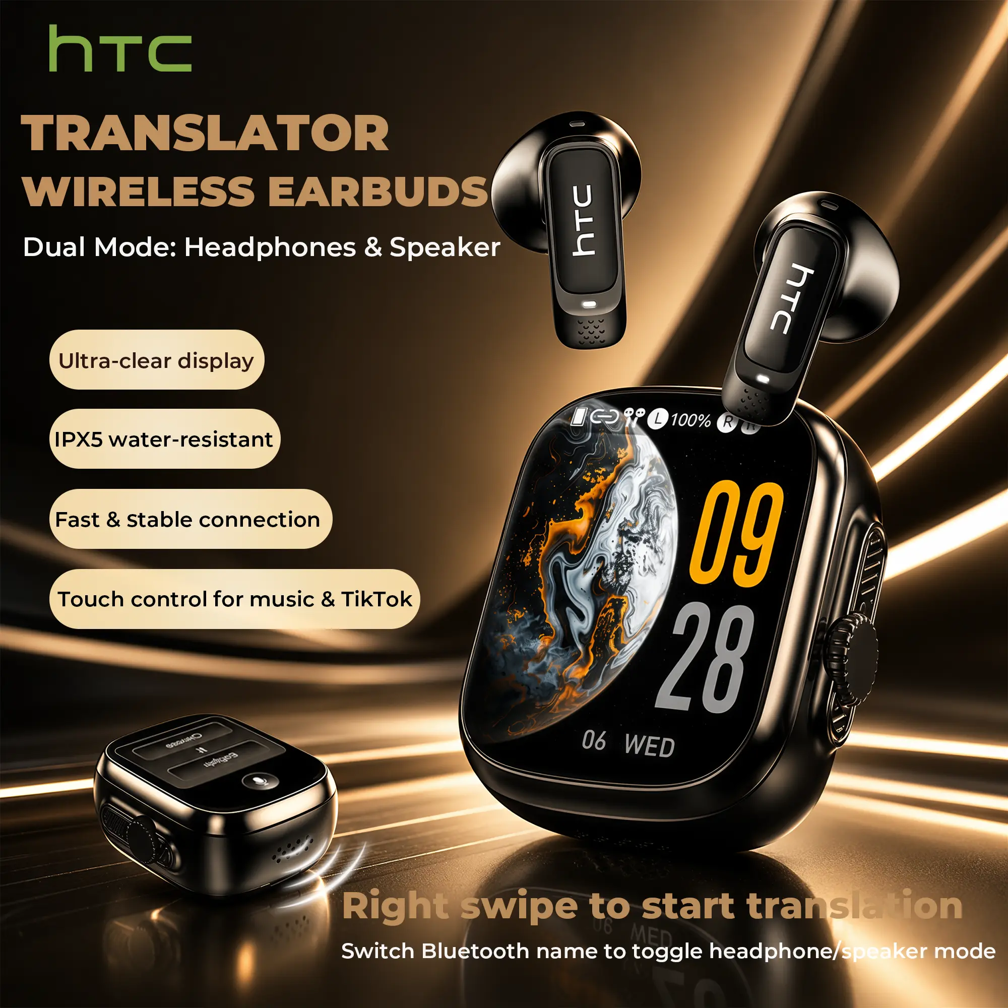 HTC NE72 Wireless Smart Screen Earbuds, Switch Bluetooth Name to Change Earbuds/Speaker Mode, Translation Earbuds, Two Touch Modes: Music Control & TikTok Scroll/Like