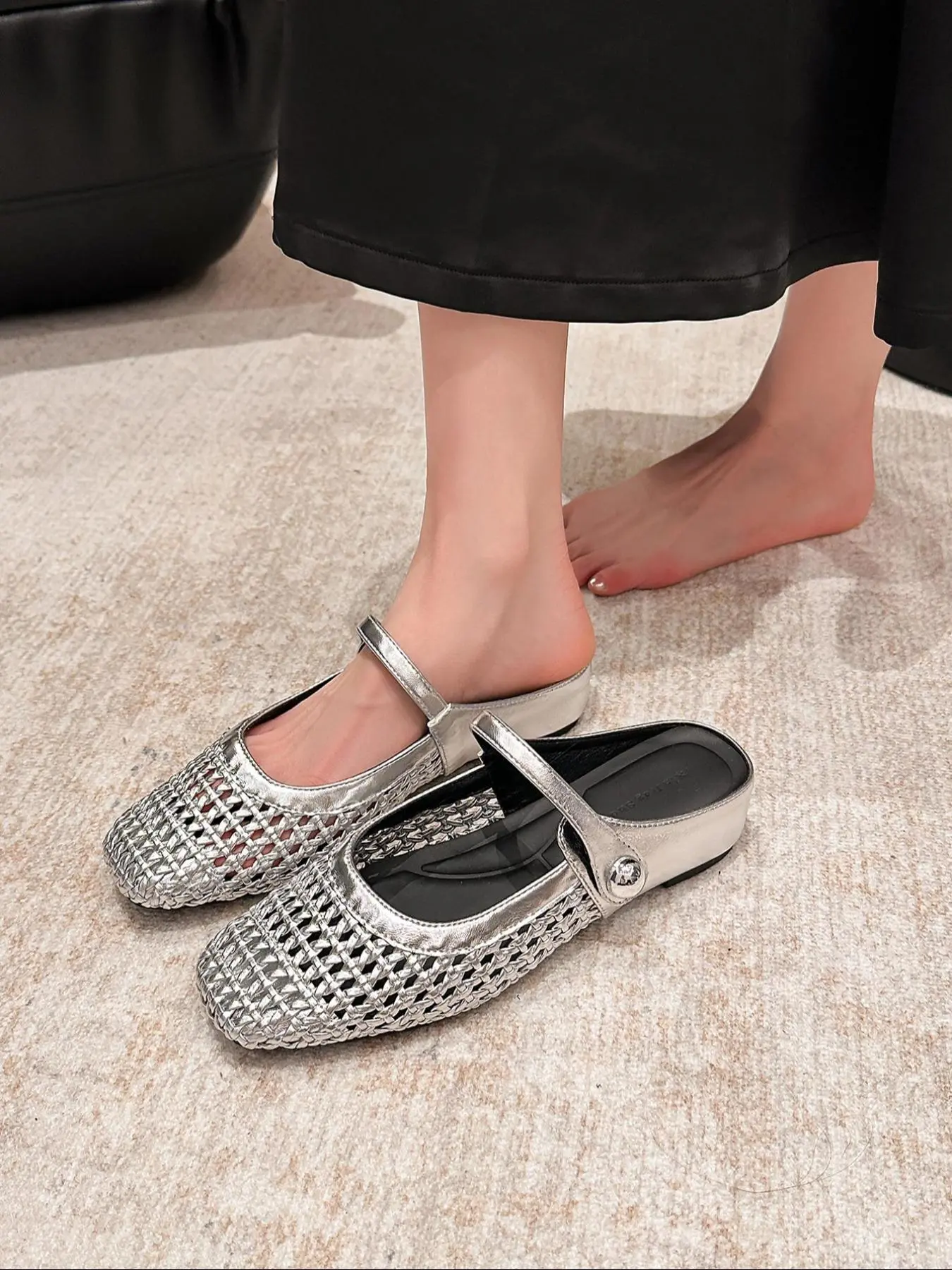 Unique Square Toe Women's Shoes, Casual PU Leather Flat Mules Sandals, Spring & Fall Fashion, Invisible Heel Lift 4cm, Medium Width