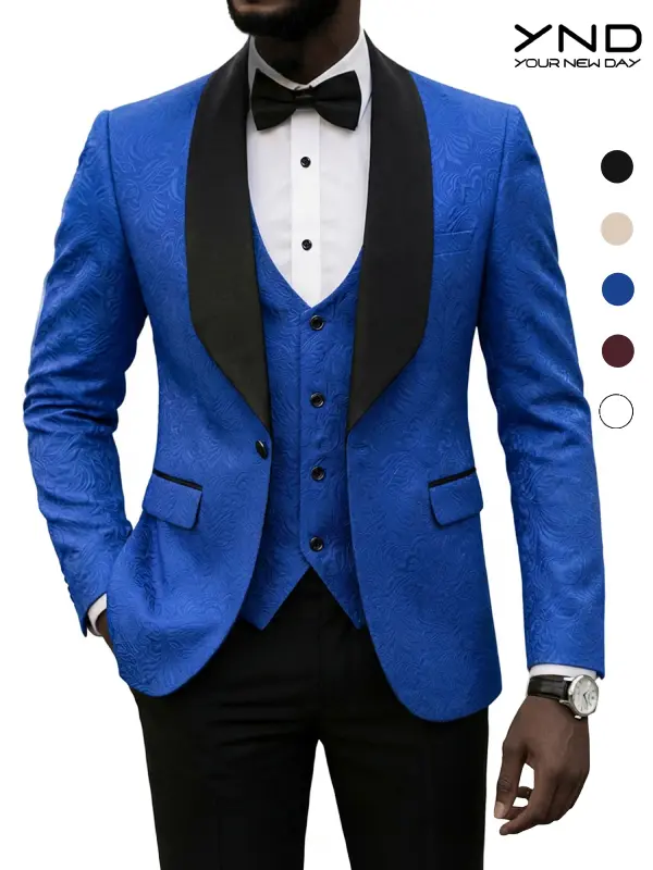 YND Men's 3 Piece Luxury Tuxedo Set, One Button Jacquard Slim Fit Shawl Lapel Jacket Vest & Pants, Premium Tuxedo for Men