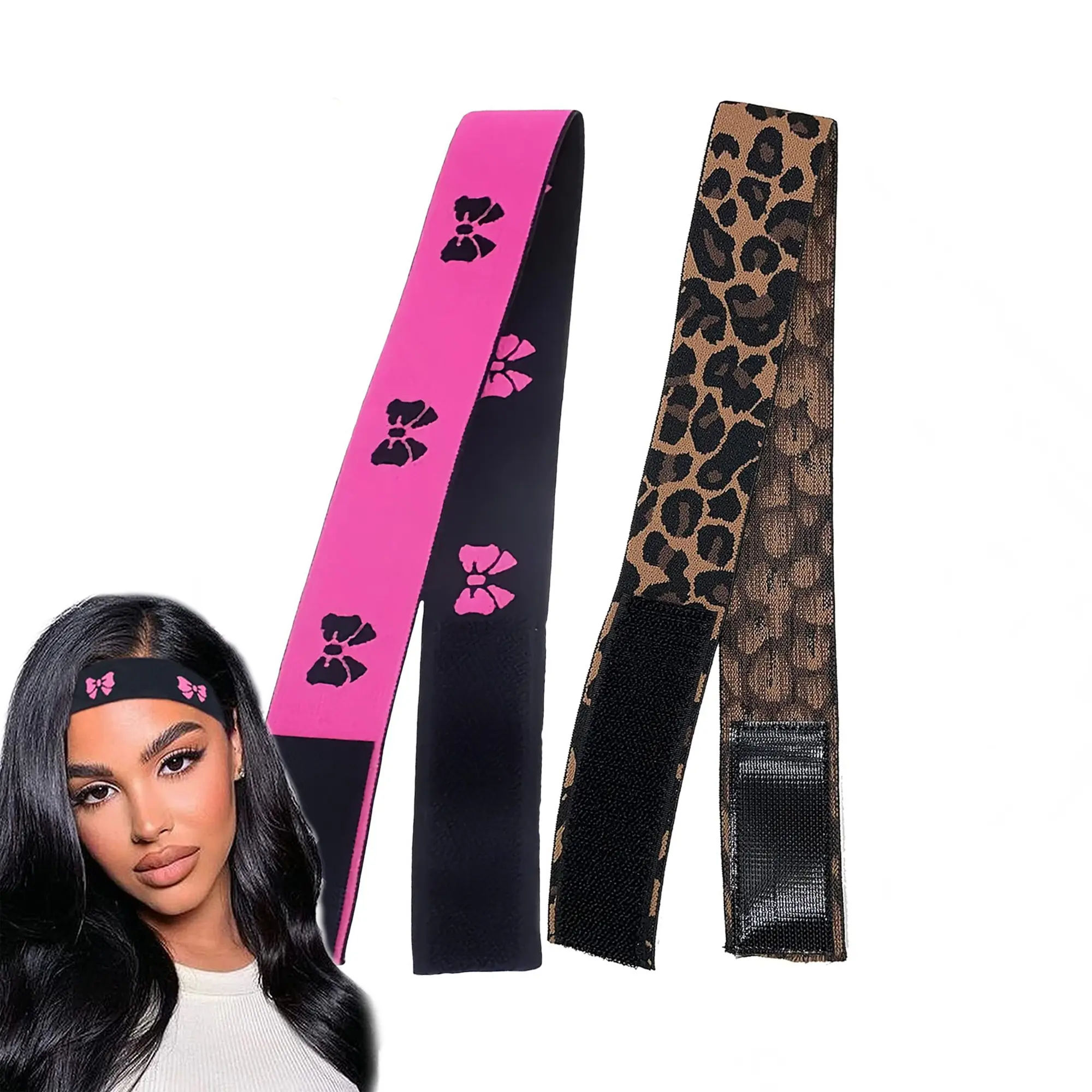Unisex Wig Bands 2 Pack, 23.6 in Leopard & Pink Lace Melting Band, Adjustable Polyester Edge Wrap with Velcro for Easy Installation, Elastic Band