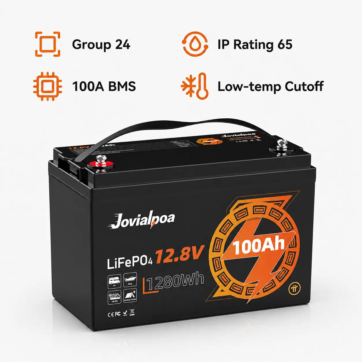 Jovialpoa 12V 100Ah LiFePO4 Battery For RV, Marine, Trolling Motor, Off-Grid, 1.2kWh Deep Cycle Lithium Battery Smart BMS High Cost Performance Home Backup Power Emergency, 100A BMS, 20000+ Cycles