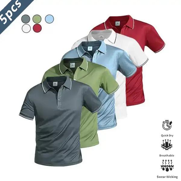 Five-piece men’s casual short-sleeve polo set—quick-dry golf and tennis shirts, comfortable riding wear, stylish men’s sportswear—ideal for casual gatherings, vacations, and travel; contrast color design at the neckline and cuffs.
