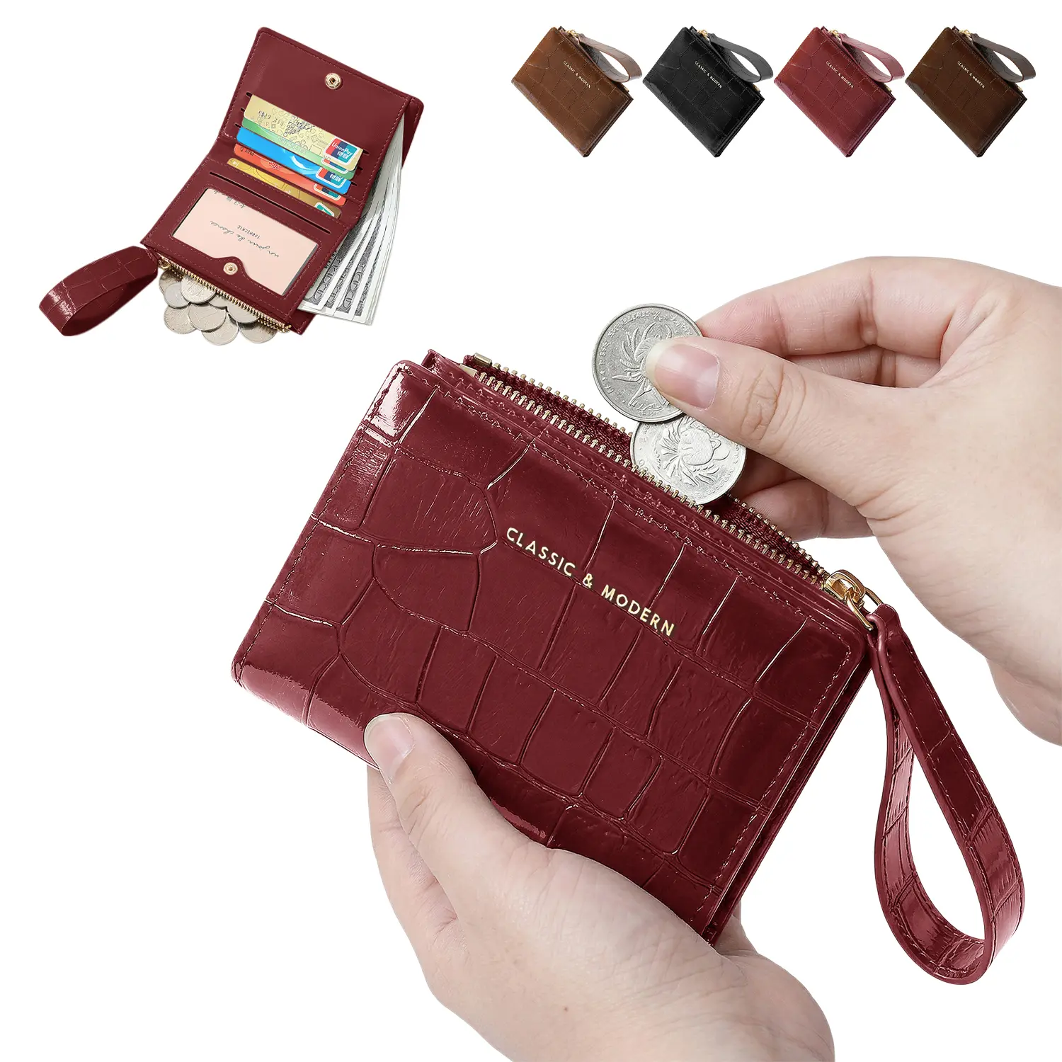 Women’s Minimalist RFID Blocking Bifold Wallet, Compact Leather Card Holder with Zipper Coin Pocket, Slim Small Purse for Cards, Cash & Everyday Carry