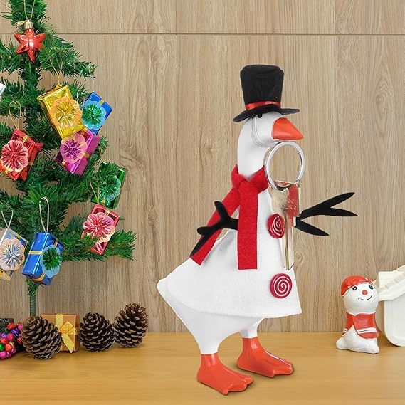4 Sets Christmas Mini Desk Goose Outfit 7 Inch Magnetic Silly Goose Statue Christmas Tree Elk Costume with Mini Headwear and Felt Clothing Keychain Clothes Costume for Table Duck Desk Key Holder Decor